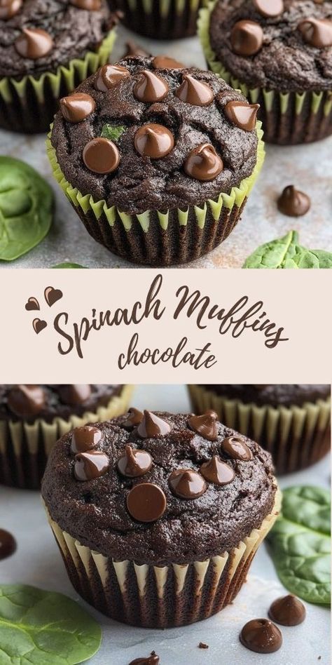 Chocolate Spinach Muffins Ingredients: 1x recipe (scale as needed) 3 very ripe bananas 2 large handfuls of baby spinach 3 tablespoons milk (almond milk or regular) 1 egg ½ cup sugar 1 teaspoon vanilla extract ½ cup full-fat Greek yogurt 3 tablespoons oil 1 cup white whole wheat flour 1 teaspoon baking soda ⅔ cup cocoa powder ¼ teaspoon sea salt ½ cup dark chocolate chips #Spinach #MuffinsChocolate Spinach Chocolate Chip Muffins, Chocolate Spinach Muffins, Choc Muffins, Spinach Muffins, Family Restaurant, Steak Bites, Ripe Bananas, Spinach Recipes, Chocolate Chip Muffins