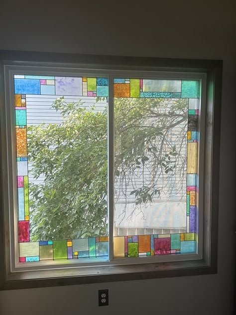 Painted Glass Windows Ideas, Window Color Ideas, Coloured Glass Window Interiors, Stained Glass Windows Apartment, Renter Friendly Stained Glass Window, Diy Stained Glass Window Renter Friendly, Colored Windows, Window Rainbow Prism, Faux Stained Glass Window