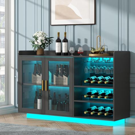 Floating Coffee Bar with Glass Rack and Removable Wine Racks, Modern Buffet Sideboard with Storage Shelves, Kithchen Bar with Glass Cabinet Doors Floating Coffee Bar, Wine Bar Cabinet, Modern Buffet, Buffet Sideboard, Home Bar Furniture, Glass Rack, Wine Cabinet, Glass Cabinet Doors, Cabinet Making