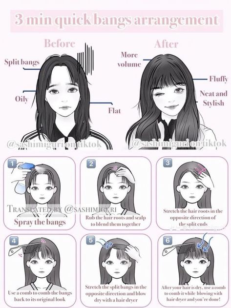 Anime Hairstyles With Bangs, S Shaped Bangs, Different Bang Styles Face Shapes, Bangs For Face Shape, Bangs Care, Anime Bangs Haircuts, Anime Inspired Haircuts, Anime Bangs, Kawaii Hair Tutorial