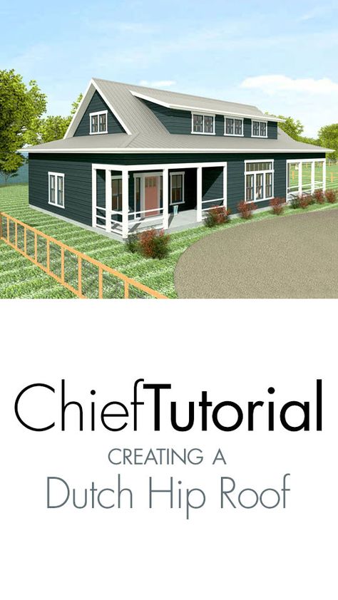 A Dutch hip roof, sometimes called a Dutch gable roof, is a combination of hip and gable roof styles in which a gable is located at the end of the ridge, at the top of a hip roof plane. Creating a Dutch hip roof is easy to do in Chief Architect Home Design Software. Click the link and follow the steps to create your own Dutch Hip Roof. #dutchhiproof #dutchgableroof #roofdesign #roof #chiefarchitect #3drender #3drendering #homedesign #architecture House Additions By Adding Onto A Hip Roof, Dutch Hip Roof Design, Dutch Hip Roof House, Examples Of Dutch Gable Roof Designs, Three Examples Of Dutch Gable Roof Designs, Hip And Gable Roof Combination, Dutch Gable Roof Exterior Design, Split Roof Design, Chief Architect Tutorials