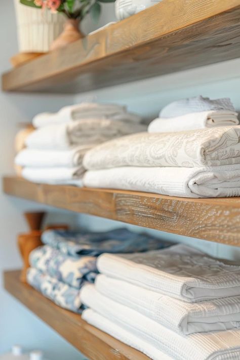 How To Store Linens Without A Linen Closet: Alternative Storage Ideas Lake House Towel Storage, Open Shelf Linen Closet, Linen Closet Makeover Ideas, Hallway Linen Storage, Alternative Storage Ideas, Linen Closet Organization Hallway, Closet Alternatives, Linen Closet Storage, Organizing Linens