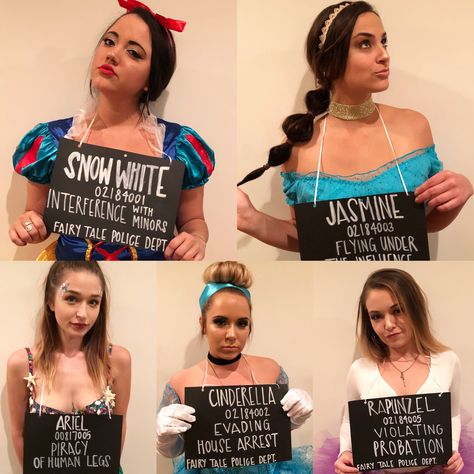 Disney Princess Mugshots #halloween #disneyprincess #disney #mugshot Disney Mugshots Costume, Disney Princess Mugshots Costume, Princess Mugshots Costume, Disney Princess Mugshots, Vine Costumes, Princess Mugshots, Disney Princess Halloween Costumes, Disney Princess Halloween, Teenage Halloween Costumes