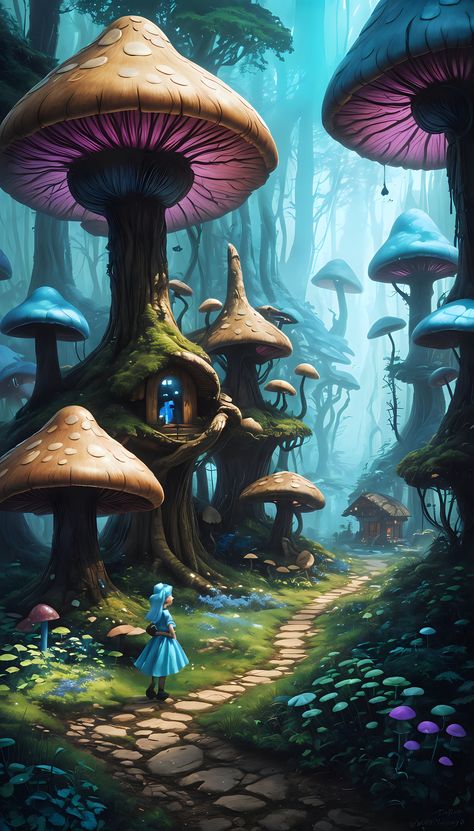 Enter this enchanting world of a mushroom village in the forest. Five delightful images that are perfect for your cell phone Home Screen. All images download in high res and without watermark. Forest Village Fantasy Art, Mushroom Treehouse, Fantasy Mushroom Forest, Village Wallpaper, Earth Genasi, Mushroom Village, Phone Home Screen, Forest Village, Forest Mushrooms