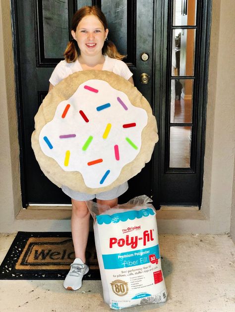 Sweet Sugar Cookie Kids Costume with Poly-Fil - Creatively Beth Cookie Costume Women, Christmas Cookie Costume Diy, Smart Cookie Costume Diy, Baby Cookie Costume, Smart Cookie Halloween Costume, Milk And Cookies Costume Diy, Homemade Cookie Costume, Diy Cookie Costume, Smart Cookie Costume