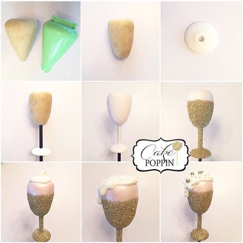 Sparkling champagne glasses 1. Shape your cake ball into a cone...I used the cone mold from @mylittlecakepopmolds 2. Round out the pointed tip and roll your cone sideways on a flat surface to create an elongated champagne flute shape. 3. Using a skewer, poke a hole in the middle of a melt. 4. Place the melt on your stick flat side down and then place stick in your shaped cake "flute" 5. Dip the ENTIRE cake pop, stick and melt in chocolate. 6. While wet, pour disco dust over cake pop leaving a Cake Pops Designs, Champagne Cake Pops, Fun Cake Pops, Cake Designs For Girl, Cake Pop Displays, Cake Pop Designs, New Year's Desserts, Champagne Birthday, Cake Ball