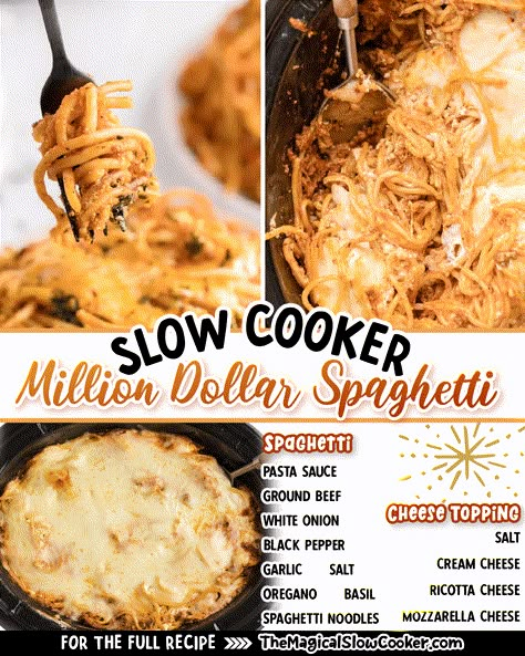 This Slow Cooker Baked Spaghetti has a slow-simmered beef sauce layered with pasta with a cream cheese layer, and a mozzarella layer. It's often called Million Dollar Spaghetti, whatever you choose to call it, it's delicious. - The Magical Slow Cooker Crockpot Baked Spaghetti, Spaghetti Million Dollar, Pasta Sauce Ground Beef, Cream Cheese Spaghetti, Magical Slow Cooker, Slow Cooker Pasta Recipes, Crockpot Spaghetti, Million Dollar Spaghetti, Slow Cooker Spaghetti