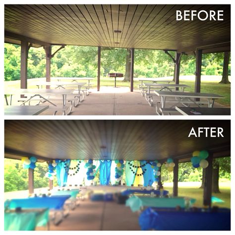 Snapshot of the park pavilion before and after we set up for the graduation party. Park Pavilion Decor, Decorate Pavilion Birthday, Pavilion Birthday Decor, Decorating Pavilion For Party, Birthday Pavilion Decorations, Birthday Party Pavilion Decorations, Party At Park Decorations, Park Shelter Birthday Party Decorations, Park Decorations Birthday