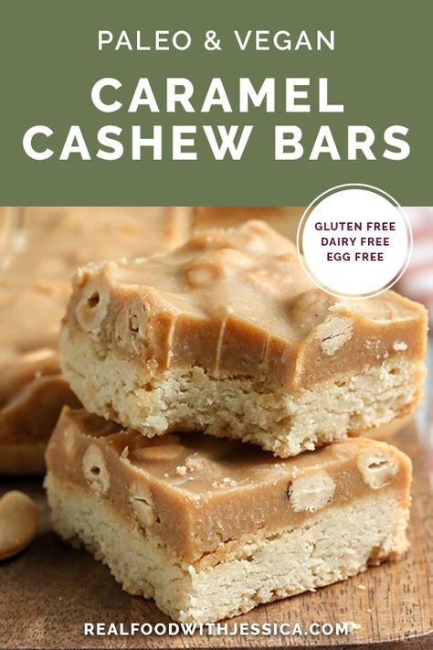 These Paleo Caramel Cashew Bars are easy to make, rich, and so good! A shortbread layer topped with a fudge-like layer that is sweet and packed with buttery cashews. They are gluten free, dairy free, vegan, and naturally sweetened. Vegan Slice, Paleo Caramel, Cashew Bars, Caramel Cashew, Vegan Caramel, Paleo Recipes Dessert, Paleo Baking, Paleo Sweets, Paleo Recipes Easy