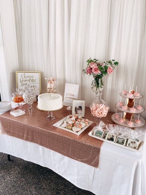 Elegant, over the top, blush bridal shower details. Candy and dessert table Pastel Bridal Shower Decorations, Bridal Shower Inspo Decor, Dessert And Candy Table, Cute Bridal Shower Ideas, Candy Table Wedding, Gold Desserts, Bride To Be Decoration Ideas, Bridal Shower Dessert Table, Party Favors Table