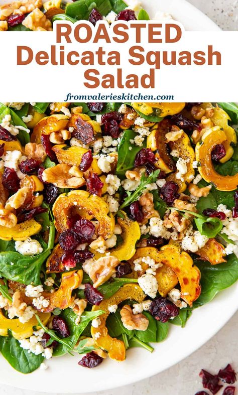 Delicata Squash Roasted, Delicata Squash Salad, Maple Balsamic Vinaigrette, Delicata Squash Recipe, Roasted Delicata Squash, Low Calorie Salad, Winter Squash Recipes, Thanksgiving Salad, Maple Balsamic