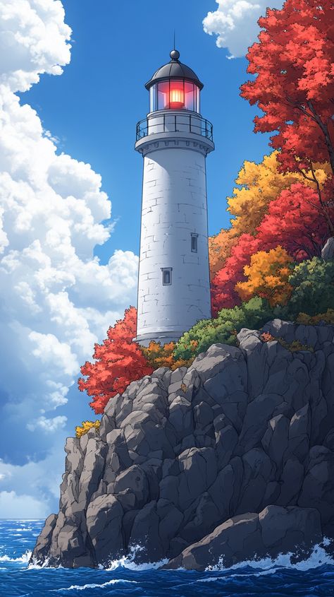 🏮✨ Embrace the beauty of autumn with this stunning scene! A small, weathered lighthouse stands tall on the cliff's edge, illuminating the churning sea beneath. 🌊🍂 The vibrant orange and red leaves surround it, creating a picturesque backdrop. Let the lighthouse guide you through the misty chaos of fall! 🍁❤️ #AutumnVibes #LighthouseLove #NatureBeauty... Cliff Edge, Autumn Night, Red Leaves, The Lighthouse, Vibrant Orange, Stand Tall, Fall Vibes, Nature Beauty, Lighthouse