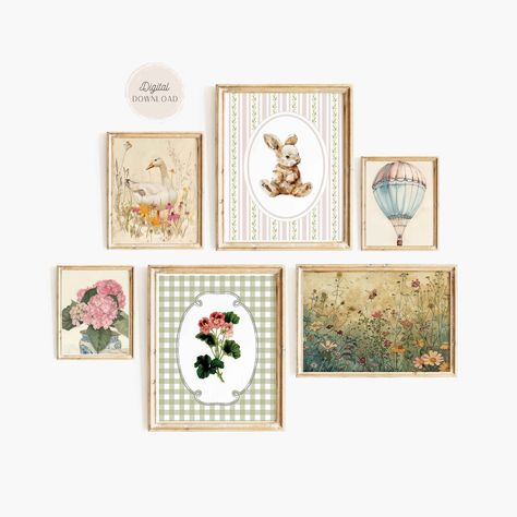 Bright Vintage Nursery, English Country Nursery Ideas, Nursery Wall Gallery, Corner Gallery Wall Nursery, Diy Vintage Nursery Decor, Vintage Woodland Art, Gallery Wall Over Crib, Vintage Gallery Wall Nursery, Vintage Rabbit Nursery