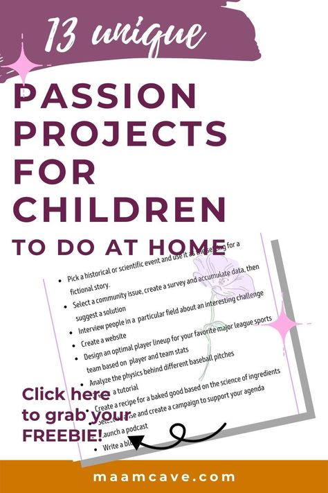 A list of passion project ideas to inspire your child! Find a great passion project idea or spark inspiration for a project of your own. #passionproject #geniushour #20%time #remotelearning Passion Project Ideas, Project Ideas For School, Elementary Projects, Genius Hour, Project For Kids, Arts And Craft, College Application, Kids Learning Activities, Social Impact