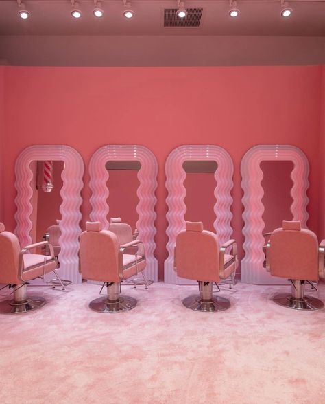 Becausewho doesn't love PINKWe love this shot from the @cj_hendry BLONDE exhibitSave this to your moodboardcreativeinteriors salonlife salonfurniture salon salondesign salonequipment hairsalonmakeover hairsalondesign salondecor interiorinspo hairsalon All Pink Salon, Pink Aesthetic Salon Ideas, Pink Nail Shop Interior, 1950s Beauty Salon, 70s Beauty Salon, Groovy Hair Salon, Pink Salon Decor Ideas, Hair Salon Decor Pink, Barbie Beauty Salon