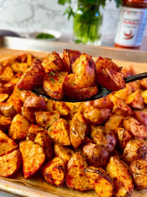 Perfectly roasted potatoes - crispy on the outside, buttery soft on the inside, and laced with smoky paprika and crunchy salt. Sweet, smoky, salty, and completely divine. Also, super easy and made with 4 ingredients. #glutenfree #potatoes #sidedish #easyrecipe #healthyrecipe Paprika Recipes, Potatoes Crispy, Pork Soup, Seasoned Potatoes, Sheet Pan Suppers, Paprika Potatoes, Vegetarian Desserts, Celebrity Chef, Latest Recipe