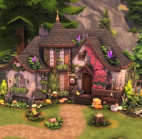 Tangled Flat Sims 4, Sims 4 Storybook House, Sims 4 Church Build, Cottagecore Home Exterior, Sims 4 Park Ideas, Sims 4 Magic House, Wizard Cottage, Cottagecore Exterior, Sims 4 Park