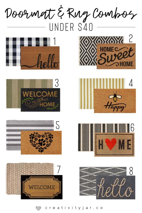 Update your entryway with these modern doormat and rug combos under $40. Get a trendy and affordable home decor look for less. Door Mat With Rug Under, Farmhouse Doormat Front Doors, Doormat With Rug Under, Front Porch Decor Blue Door, Outdoor Mat Layering, Small Backyard Landscaping Outdoor Rugs, Frontdoor Rug Ideas, Front Rug Entrance, Rug Layering Front Porch