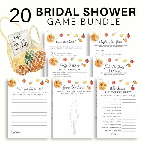 Fresh Off The Market Bridal Shower Game Bundle 💍 25 games and signs included in this one a kind bundle! This bundle is perfect to bring family and friends together to celebrate a newly engaged couple! These games are beautifully and carefully crafted to make sure your party looks amazing and your guests have a blast. Works great for groups and audiences of any size. *No Physical Item will be Sent - This is a Template* ⭐ MATCHING MEGA BUNDLE https://www.etsy.com/listing/1744549792/fresh-off-the- Bridal Shower Brunch Favors, Fresh Off The Market Bridal Shower Theme Decor, Market Bridal Shower Theme, Fresh Off The Market, She’s Off The Market Bridal Shower Ideas, Bridal Shower Game, Bridal Shower She’s Off The Market, Off The Market Bridal Shower Theme, Summer Bridal Shower Ideas