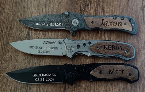 This personalized engraved pocket knife is a perfect wedding gift for Groomsmen, Groom, Brother of the Groom, Brother of the Bride. These meaningful custom engraved knives, and wedding gifts for Best Man from the groom. These are ideal bachelor party presents for the groomsman, usher, officiant, Father of the Groom, or Father of the Bride. Tell your chosen best man and groomsman that it's time to suit up with these folding hunting knives groomsmen proposal ideas. This custom made knife with a clip is a thoughtful gift for men.  Includes a gift box, so you'll be ready to present it to someone special as soon as your package arrives. Engraving; We recommend 40 Characters ( Letters) including spaces. Less is better The more characters, the smaller the font size. Available in THREE Brands Belo Western Wedding Groomsmen Gifts, Groomsmen Proposal Ideas, Groomsmen Proposal Hunting, Groomsmen Proposal Box Ideas, Gifts For Best Man, Pocket Knife Engraving Ideas, Groomsmen Knife Gift, Brother Of The Groom, Bestman Gift