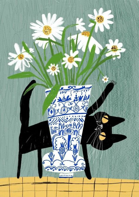 A Black Cat, A Cat, A Black, Black Cat, Blue And White, Vase, Flowers, Blue, White