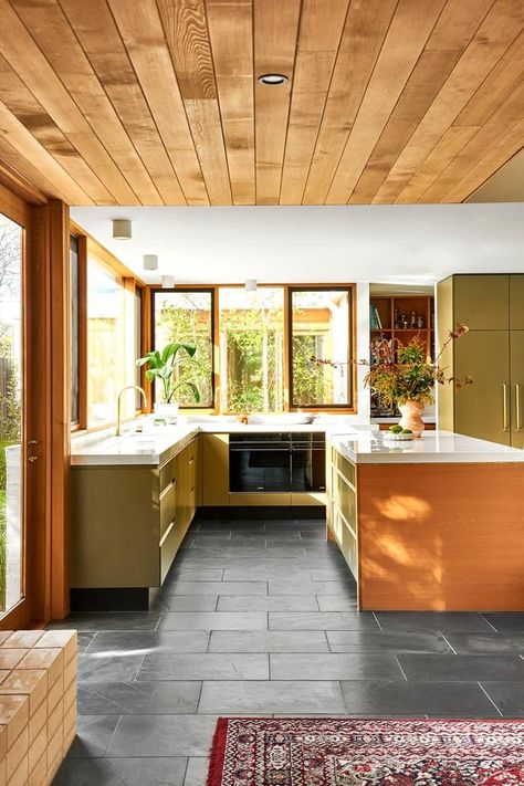 Mcm Kitchen, Wood Ceiling, Mid Century Modern Kitchen, Classic Kitchen, Mid Century Kitchen, Kitchen Cabinet Colors, Tile Flooring, Kitchen Reno, Mid Century Modern House