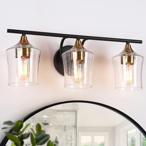 2/3/4-Light Bathroom Black Vanity Lights Modern Wall Sconce Lighting with Glass Shade - On Sale - Bed Bath & Beyond - 35715407 Black Bathroom Vanity Lights, Arched Vanity Mirror Bathroom, Round Bathroom Mirror Lighting, Black And Gold Lighting, Bath Mirrors, Bathroom 2023, Decorate Ideas, Gold Light Fixture, Vanity Light Bar