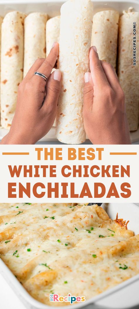 Enchilada night is always a hit with my family, and while I’ve tried different variations, their all-time favorite is white chicken enchiladas. The white enchilada sauce is not only simple to prepare but also incredibly creamy and delicious. The filling, made with red bell pepper, corn, shredded chicken, and cheese, held together with a touch of sauce, is equally delightful. White Cheese Enchiladas, Cheese Enchiladas With White Sauce, Cheap Enchilada Recipe, Cowboy Enchiladas, White Enchiladas Chicken, Cheese Sauce For Enchiladas, Healthy White Chicken Enchiladas, Dinner Ideas With Shredded Chicken, White Chicken Enchiladas Easy