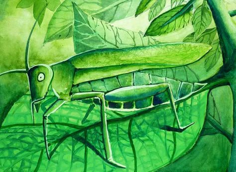 World of one colour; Monochromatic painting of grasshopper Monochromatic Artwork, Monochromatic Painting, Green Monochrome, Monochrome Painting, Monochromatic Art, 8th Grade Art, 6th Grade Art, Painting Green, Perspective Art