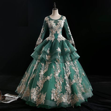 Dark Green Ball Gown, Unique Prom Dress, Formal Gowns Evening Dresses, Victorian Party, Green Ball Gown, Long Sleeve Ball Gowns, Green Tulle, Unique Prom Dresses, Vestidos Vintage