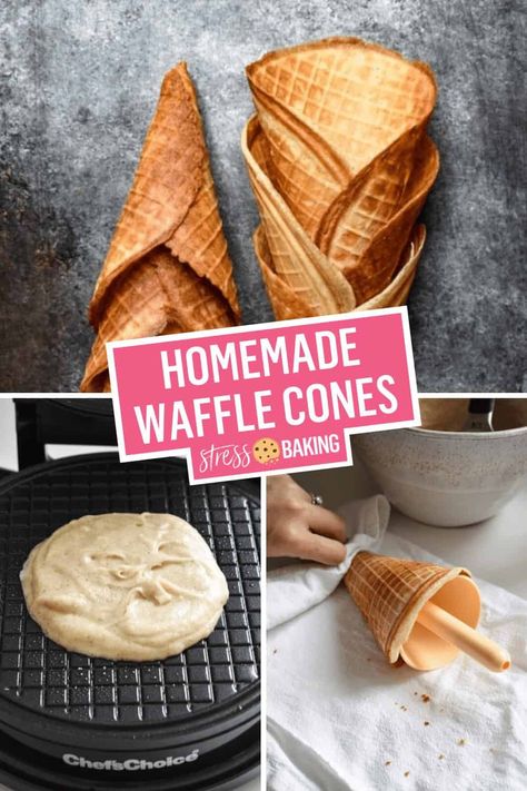 These homemade waffle cones are quick and easy to make, chewy with crisp edges and have a sweet buttery flavor that's reminiscent of a sugar cookie! Ice cream cones just ready and waiting to be filled with your favorite ice cream. | easy homemade waffle cones | sugar cone | ice cream cone | stress baking recipes | stressbaking.com @stressbaking #stressbaking #wafflecone #icecream #icecreamcone #summer Waffle Cones Recipe, How To Make Waffle, Homemade Waffle Cones, Homemade Waffle, Waffle Cone Recipe, Waffle Cone Maker, Waffle Bowl, Cookie Ice Cream, How To Make Waffles