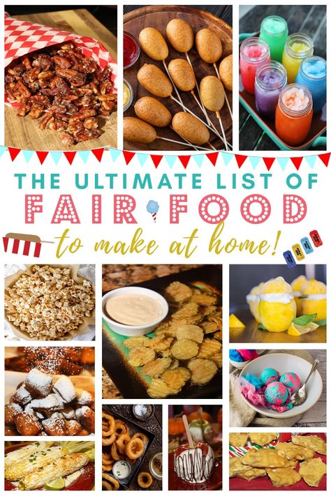 Now you can bring the fairgrounds home! Recreate all the fun food you love to eat at the fair with this ultimate list of carnival inspired recipes! Fair Food Party, Fair Food Party Ideas, Copycat Fair Food Recipes, State Fair Food Recipes At Home, Carnival Snacks Fair Foods, Carnival Dessert Ideas, Elevated Carnival Food, Easy Fair Food Ideas, Fair Food Recipes Easy