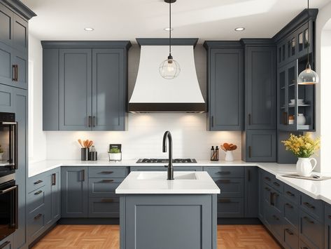 Image for Dark Blue Gray Cabinets with Black Hardware: Grey Cabinets Navy Island, Gray Cabinets With Black Hardware, Dark Blue Gray Cabinets, Blue Gray Cabinets, Gray Kitchen Cabinet Ideas, Grey Stained Kitchen Cabinets, Blue Gray Kitchen, Small Entrance Hall Ideas, Kitchen Essentials Checklist