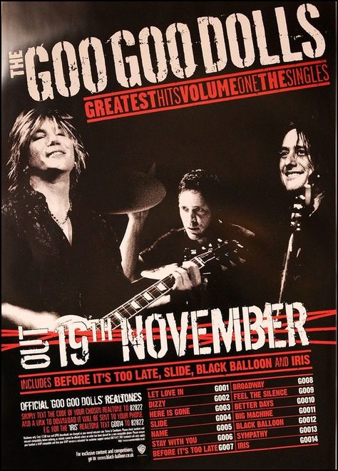 The Goo Goo Dolls Poster, Iris Goo Goo Dolls, The Goo Goo Dolls, Radio Song, Grunge Posters, Goo Goo Dolls, Vintage Music Posters, Band Nerd, Doll Aesthetic