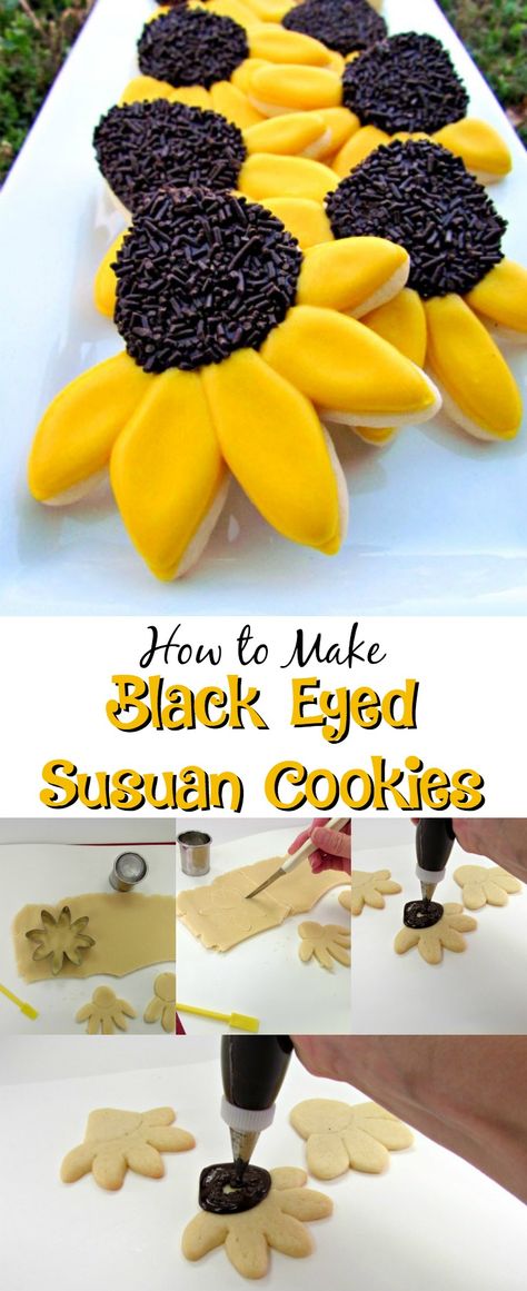 How to Make Black Eyed Susan Cookies via | The Bearfoot Baker    #bearfootbaker #edibleart #rolloutcookies #royalicing #sugarcookies #decoratedcookies #flowercookies #blackeyedsusancookies #flowers #mothersdaycookies #prettycookies #sweetcookies Susan Cookies, Preakness Party, Cookies Flowers, Flower Sugar Cookies, Easter Dinner Recipes, Cookie Tutorials, Cookie Time, Pretty Cookies, Sweet Cookies