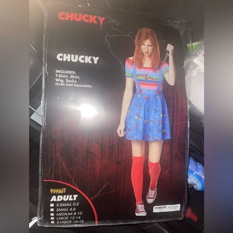 Chucky adult women costume Chucky Costume Women, Chucky Costume Female, Halloween Chucky Costume, Chucky Outfit, Chucky Costume, Women Costume, Halloween Supplies, Costume For Women, Halloween Girl