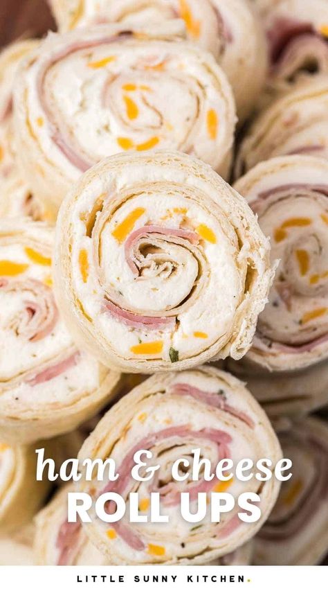 Ham and Cheese Roll Ups are the easiest appetizer recipe and perfect for parties, game day, or even as a quick lunch. Just 5 simple ingredients are needed. Han And Cheese Roll Ups, Ham Tortilla Roll Ups, Lunchmeat Roll Ups, Ham Roll Ups With Cream Cheese, Ham And Cream Cheese Pinwheels, Easy Pinwheel Recipes, Ham And Cheese Rollups, Holiday Munchies, Ham Pinwheels