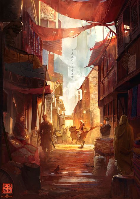 Desert Market Concept Art, Desert Market, Fantasy Road, Desert Town, Fantasy Town, Arte Punk, The Silk Road, Fantasy City, Fantasy Setting