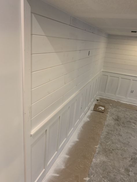 Whole Room Shiplap, Shiplap Edge Trim Ideas, Updated Shiplap Wall, Painted Shiplap Walls Living Room, Two Tone Shiplap Wall, No Drywall Wall Ideas, Shiplap Wall Basement, Shiplap Basement, Shiplap Room