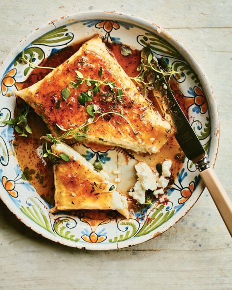 Filo-wrapped feta with spiced honey - delicious. magazine Filo Pastry Recipes, Flourless Baking, Vegetarian Starters, Spiced Honey, Feta Cheese Recipes, Filo Pastry, Tapas Dishes, Delicious Magazine, Greek Dishes