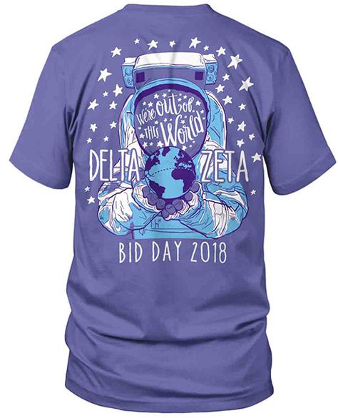 Metrogreek | DZ Shirts | Bid Day Shirts | Space Theme Bid Day | Outer Space Bid Day | Bid Day Themes | DZ Bid Day | Delta Zeta Out of this World Shirt Bidday Themes, Space Bid Day, Frat Merch, Sorority Themes, Minimal Shirt Design, Bid Day Ideas, Sorority Shirt Designs, Bid Day Shirts, Sorority Sugar