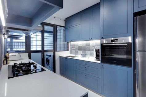 Patchwork Backsplash, Bto Hdb, Hdb Kitchen, Blue Shaker Cabinets, Flat Layout, Galley Kitchen Design, Interior Design Singapore, Kitchen Interiors, Orange Kitchen