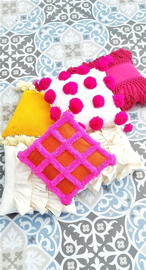 Pom Pom Cushion, Hot Pink Bedding, Hot Pink Bedrooms, Hot Pink Throw Pillows, Preppy Pillows, Holiday Pillows Covers, Bright Pillows, White Cushion Covers, Orange Throw Pillows