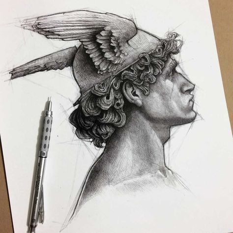 Hermes Tattoo, Greek Drawing, Medusa Drawing, Greek God Tattoo, Scratchboard Art, Really Cool Drawings, Greek Tattoos, Greek Mythology Art, Spirited Art