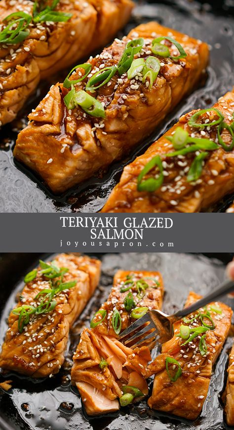 Salmon with Teriyaki Sauce - an easy and yummy Asian inspired fish dish is the perfect dinner meal. Pan seared and coated with homemade Teriyaki Sauce, this seafood recipe is also healthy, quick and takes only 20 minutes! #salmon #Asian #fish #Japanese #seafood #easydinner #dinner #recipe #joyousapron Teriyaki Salmon Pan Seared, Asian Inspired Salmon, Asian Inspired Salmon Recipes, Salmon Japanese Recipe, Japanese Seafood Recipes, Japanese Fish Recipe, Japanese Salmon Recipes, Salmon Asian, Salmon Japanese