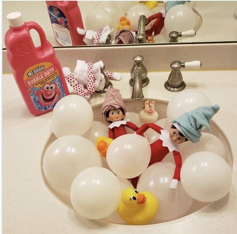 Elf Inside A Balloon, Bubble Bath Elf On The Shelf, Toddler Bath, Clear Balloons, Elf On The Shelf Ideas, Bubble Bath, Shelf Ideas, On The Shelf, A Shelf