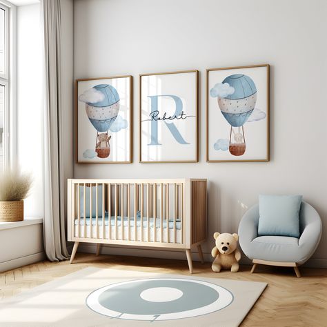 Blue Themed Nursery, Baby Boy Blue Nursery, Blue Gray Nursery, Blue Hot Air Balloon, Bear And Bunny, Grey Nursery Boy, Blue Nursery Boy, Baby Boy Bear, Hot Air Balloon Nursery