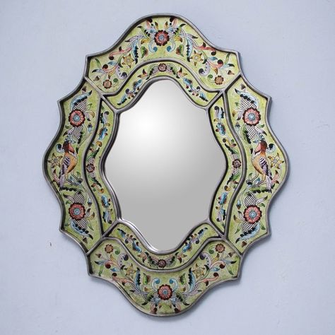 Novica Verdant Spring Artisan Designer Reverse Painted Glass Handmade Flowers Birds Green Blue Yellow Red Accent Wall Mirror (Peru) Contemporary Accent Wall, Red Accent Wall, Reverse Painted Glass, Flower Mirror, Reverse Painted, Violet Flower, Mirror Mirror On The Wall, Interior Design Decor, Round Wall Mirror