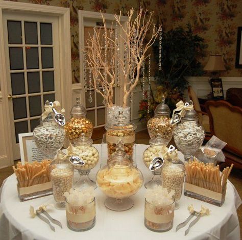 50th Wedding Anniversary Party, Candy Buffet Tables, Gold Decorations, Gold Candy, Candy Station, 50th Anniversary Party, Black Candy, Theme Harry Potter, Golden Birthday