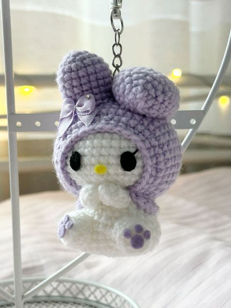 Sanrio Crochet Keychain, Crochet Purple Amigurumi, Purple Crochet Keychain, Kawaii Crochet Keychain, Crochet Sanrio Keychain, Crochet Keychain Aesthetic, Crochet Melody, Crochet My Melody, Purple Amigurumi